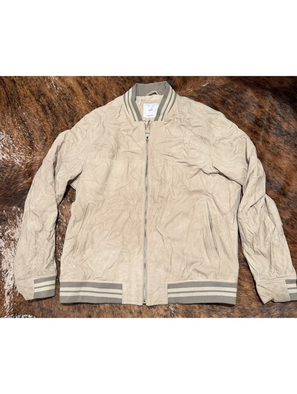 Mango Suede Leather Bomber Jacket Tan Beige Men's Size XL MNG
